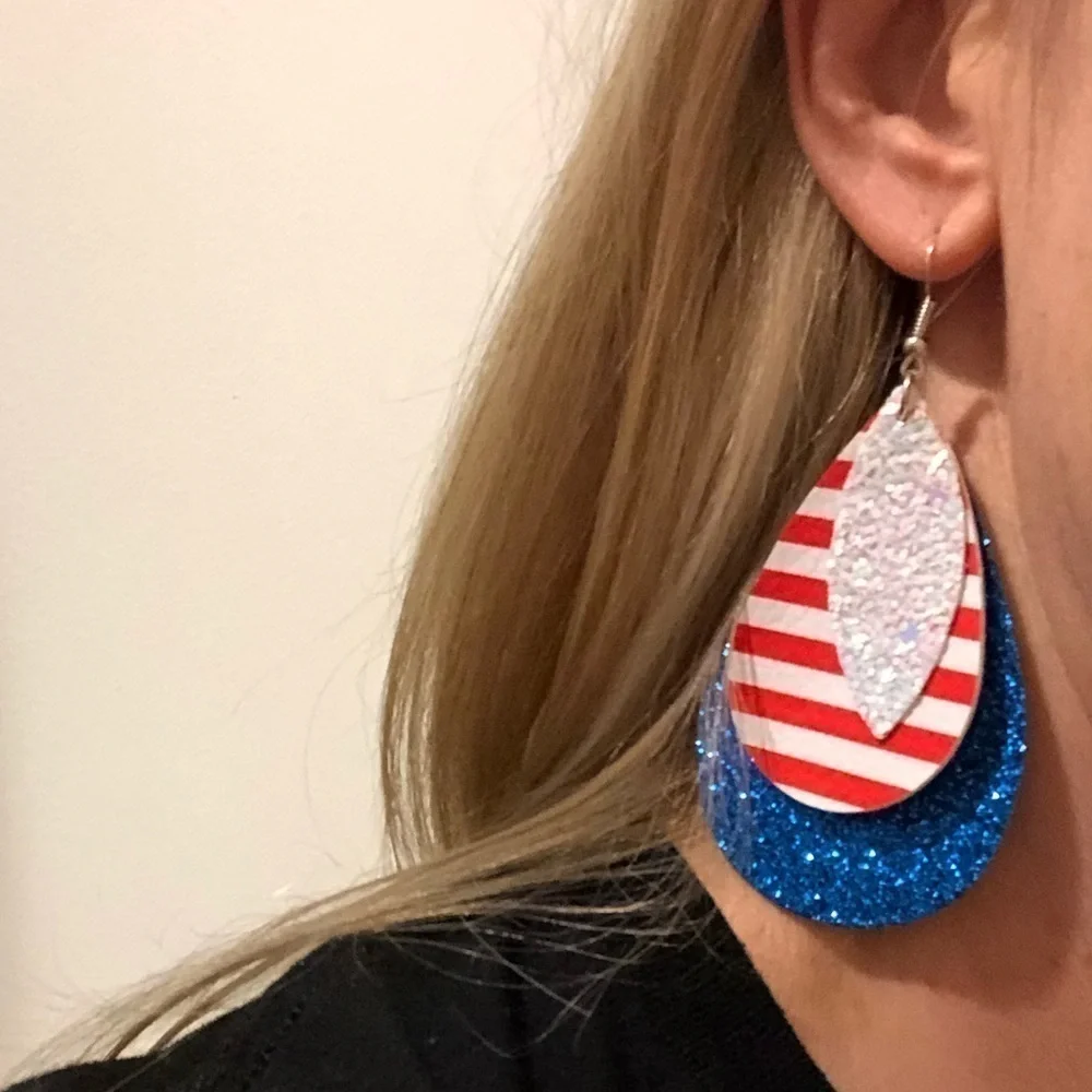 New! Lightweight Faux Leather Drop 3 Layer Patriotic Red Dangle Earrings
